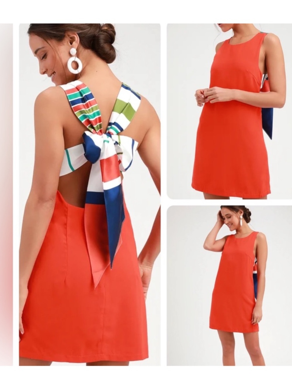 Lulu's Vibrant Orange Backless Shift Dress with Striped Bow